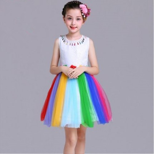 Girls princess jazz modern dance rainbow dresses kids chorus show performance dress